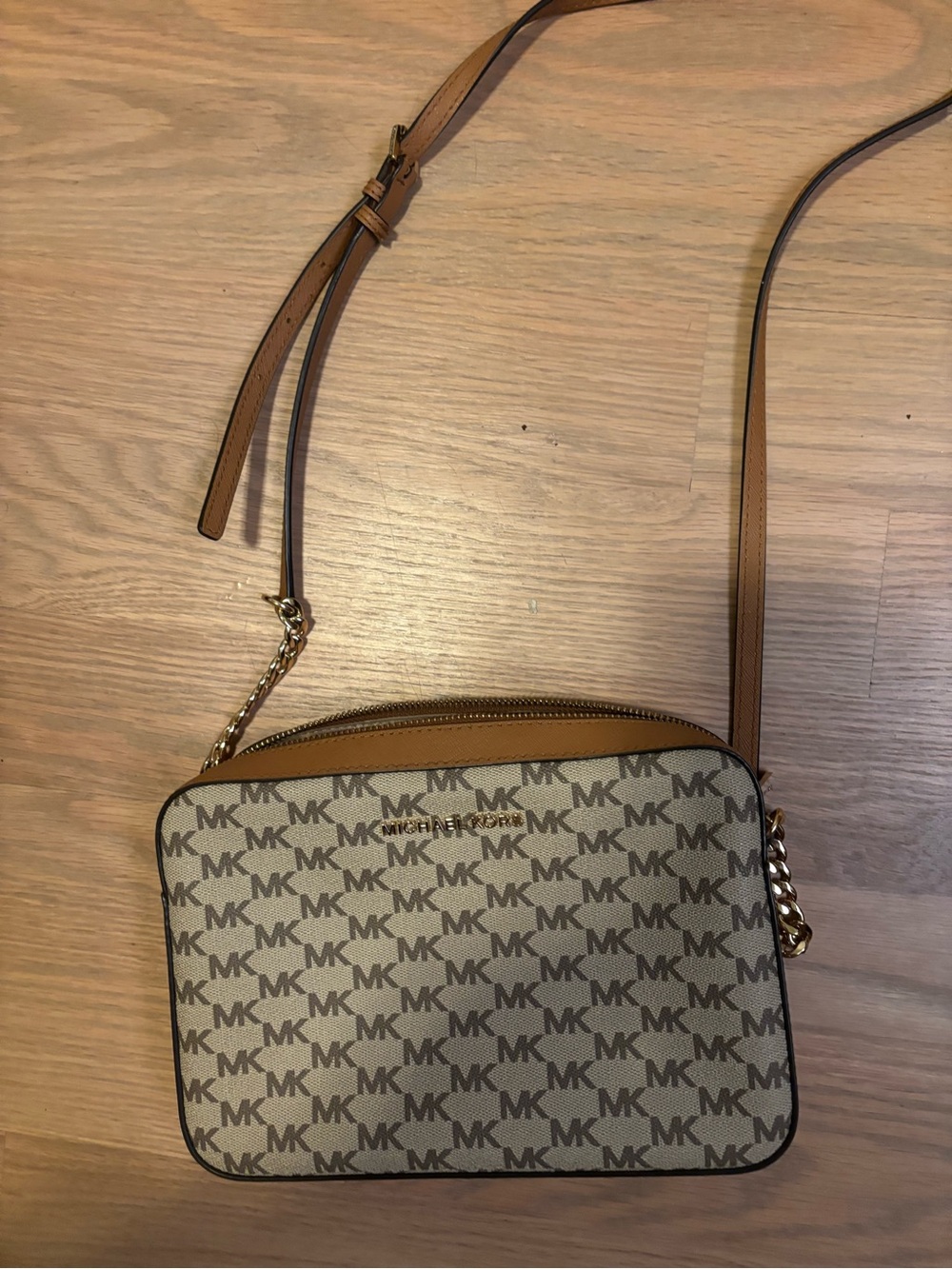 Michael Kors Signature MK Logo Crossbody in Beige and Brown